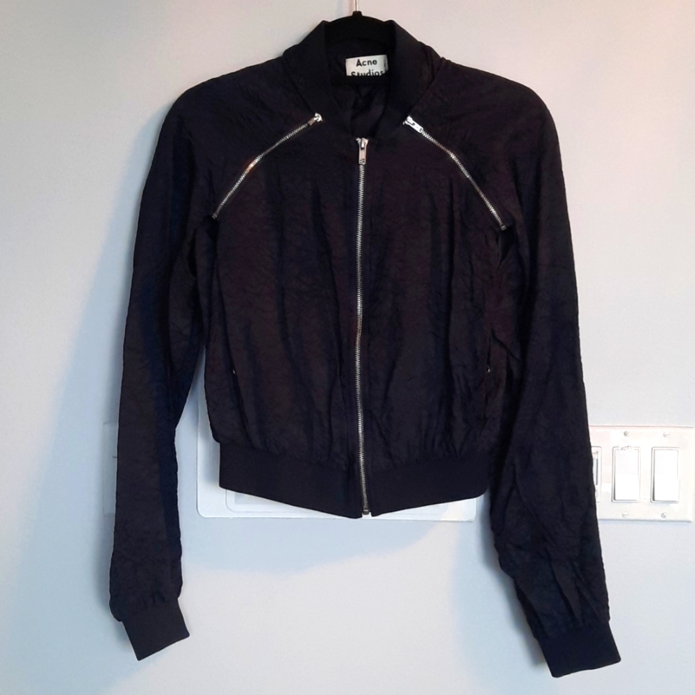 Acne Studio navy blue crinkle bomber jacket - size 36